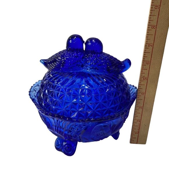 HOFBAUER Birds Cobalt Blue Glass Love Birds Candy Dish Bowl with Lid Vintage - Picture 9 of 11